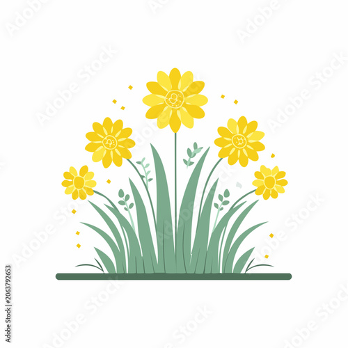 Yellow Flowers and Green Grass Illustration