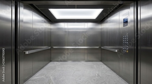 Interior of modern stainless steel elevator with bright light.
