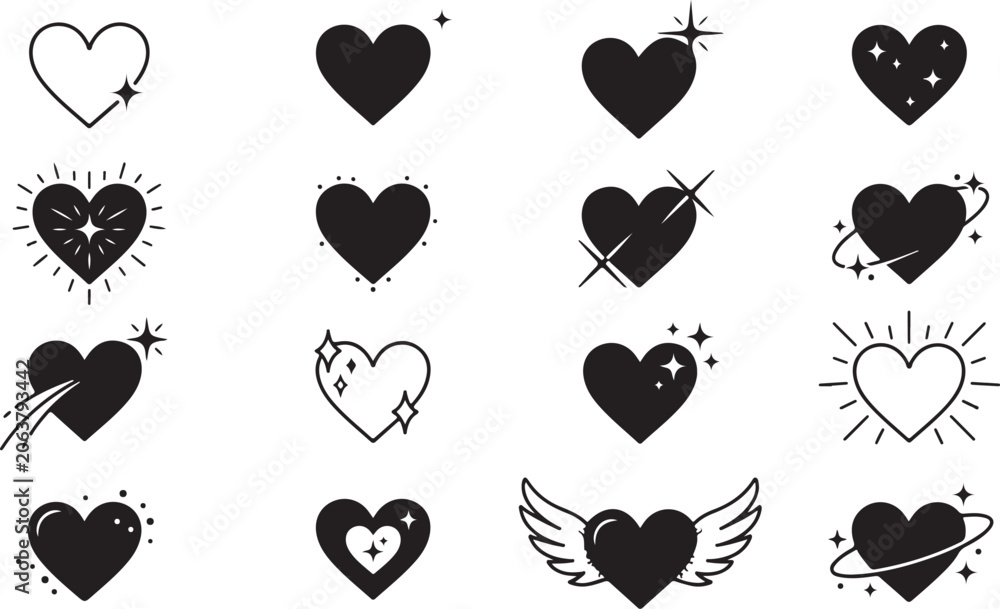 Fototapeta premium Assortment of stylish black hearts featuring sparkling effects, orbiting rings, shooting stars, and crescent moon for creative love and romance design projects.