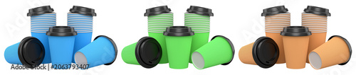 Multiple disposable coffee cups with black lids isolated on white background, concept of takeaway drink and street food