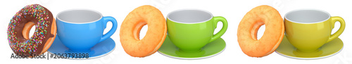 Assortment of coffee cups in various colors with frosted donuts, isolated on white background, concept of sweet breakfast treat