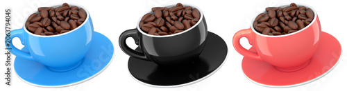 Set of ceramic coffee cups filled with roasted coffee beans, glossy style, isolated on white background, concept of caffeine