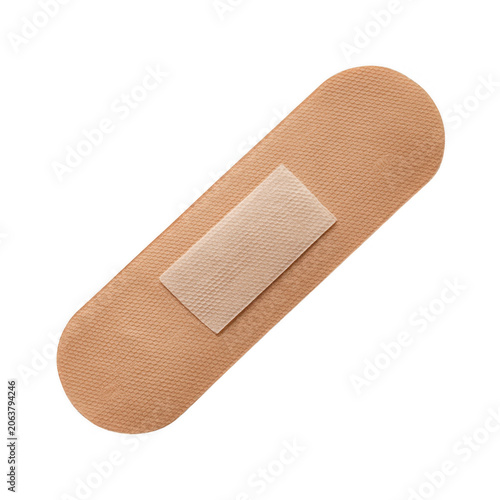 A single adhesive bandage strip with a central gauze pad for wound care and first aid isolated against a plain white background, for health