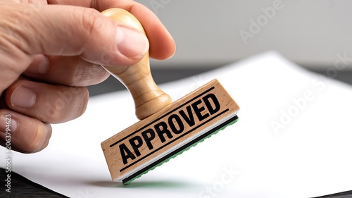 Approved rubber stamp, hand stamping document, official verification, green ink