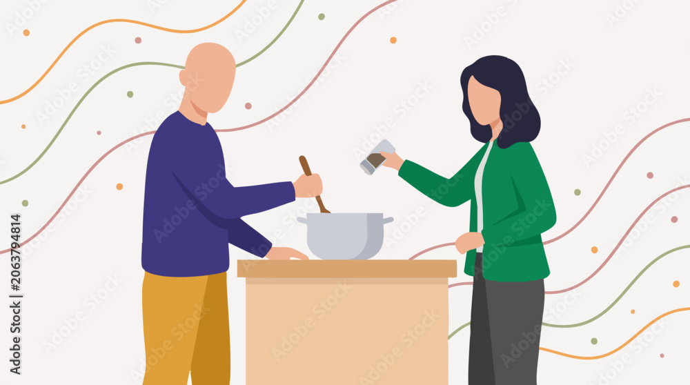 Fototapeta premium Flat illustration of two people cooking together in a kitchen