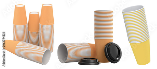 Multiple stacks of ripple wall disposable cups, isolated on white background, concept of drinkware design