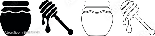 Fotografía Set of honey jar and dipper icons in solid and outline styles