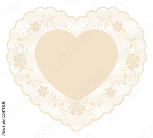 Vintage heart lace frame with roses. Romantic crochet style lace doily clipart for wedding invitations. Whimsy floral embroidery handkerchief with mesh texture, scalloped borders.