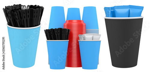 Set of takeaway coffee cups with plastic lids, stirrers, and sugar sachets on white background. Concept of beverage service
