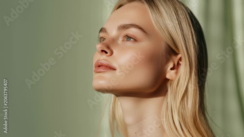 Serene side profile of a young woman with eyes closed against a soft green background