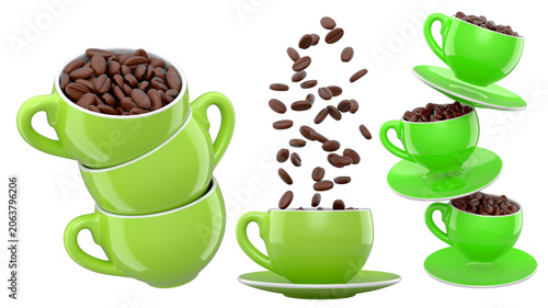 Set of ceramic coffee cups filled with roasted coffee beans, glossy style, isolated on white background, concept of caffeine