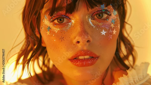 Ethereal beauty with sparkling glitter makeup in warm sunlight portrait