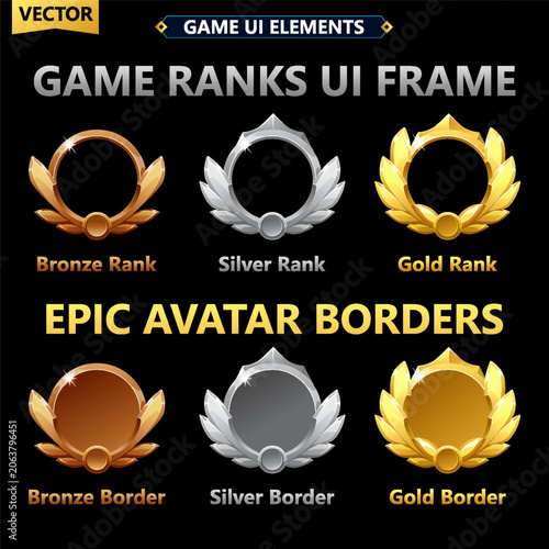 Game Ranks UI Frames and Epic Avatar Borders Set with Laurel Wreaths, Gold, Silver, Bronze