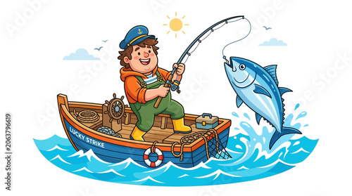 Cute cartoon fisherman standing on a small boat in the ocean, reeling in a large tuna fish with a friendly character design and bright colors, isolated on a white background with simple