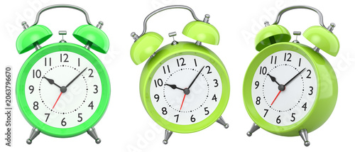 Classic twin bell alarm clocks with chrome details shown side by side, isolated on white background, concept of time