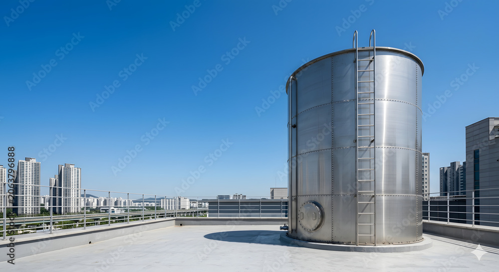 Obraz premium Rooftop Water Tank Under Bright Summer Sky