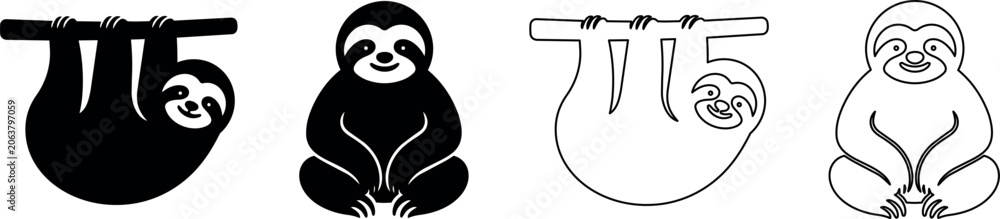 Fototapeta premium Set of stylized sloth icons in black and white, showing different poses