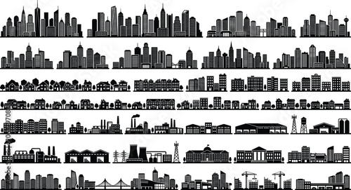 City skyline silhouette mega vector set featuring urban skyscrapers residential suburban houses industrial factories and building construction sites