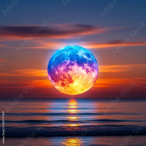 Vibrant Colorful Moon Rising Over A Calm Ocean At Twilight.