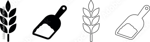 Bild auf Leinwand Set of icons representing wheat and a scoop of flour, in solid and outline style