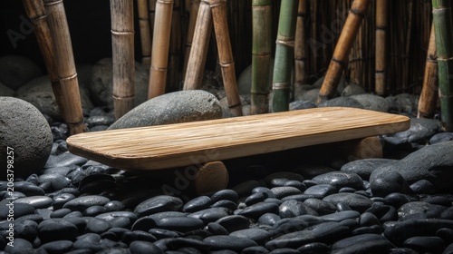 Zen bamboo forest background with wooden podium, empty product display platform on black river stones, minimalist spa aesthetic for wellness branding