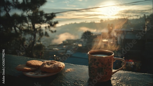 Steaming coffee cup and cookies with a scenic view at sunset