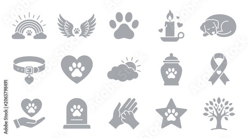Bild auf Leinwand Collection of pet loss and memorial icons, including paw prints, rainbows, and urns, symbolizing grief and remembrance