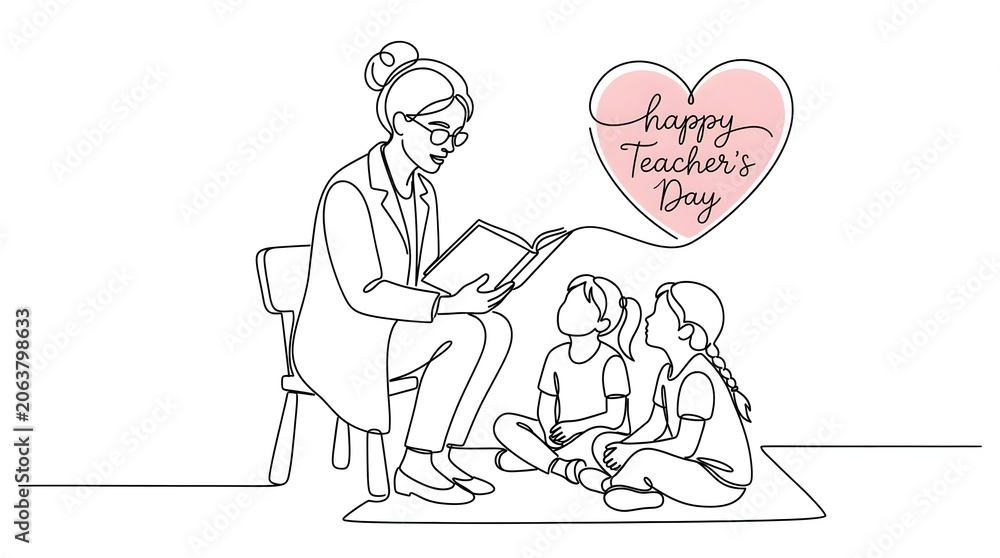 Fototapeta premium Happy teachers day illustration with a woman reading to two children