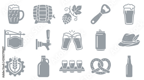 Photography Collection of beer-related icons including a mug, barrel, hops, bottle opener, and pretzel