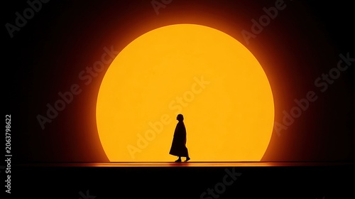 Cinematic silhouette of a person walking against a giant glowing sun, minimalist orange sunset background, dramatic backlit figure in a dark void