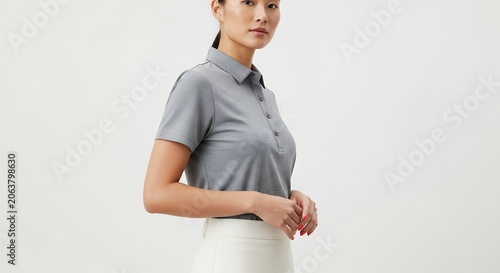 Woman in gray polo shirt stands against plain white background