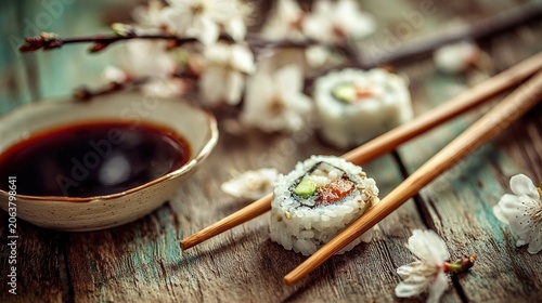 Sushi rolls with chopsticks and soy sauce close up shot on rustic table