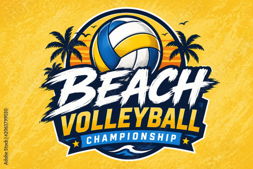Beach volleyball championship logo design with a ball and tropical palm trees