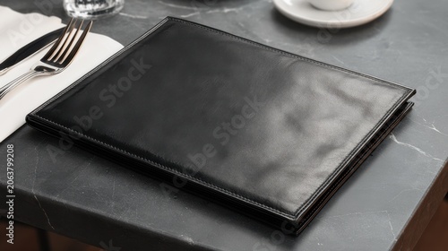 Elegant black leather menu mockup on marble table, luxury restaurant dining setting with cutlery, blank leather folder for cafe branding