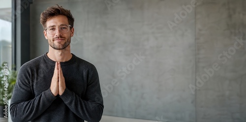 Generative AI, Calm Caucasian Man with Praying Hands Gesture in Minimalist Space