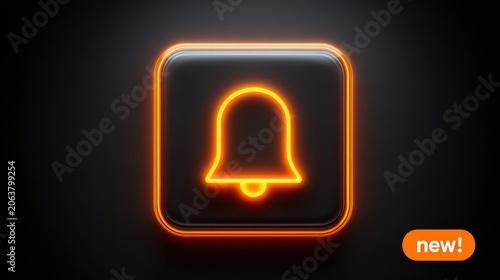 Glowing orange notification bell icon on black background, 3D neon alert symbol, modern digital interface button for mobile apps