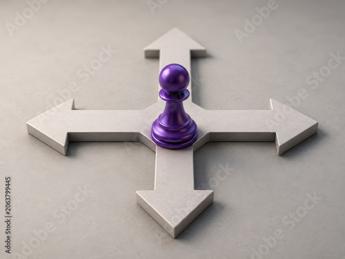A single purple chess pawn standing in the center of four directional road arrows