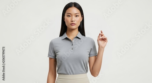 Woman in grey polo shirt with neutral background for apparel concepts