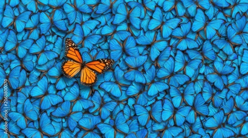 One orange butterfly centered amidst many blue butterflies forming a unique artistic wallpaper background pattern.