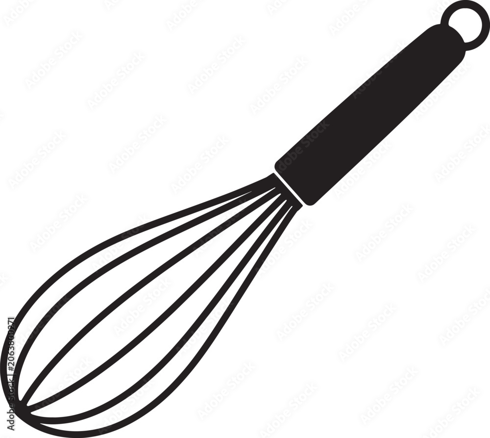 Obraz premium Black silhouette of a kitchen whisk, isolated on a white background, of a cooking utensil for baking, mixing, food also transparent background