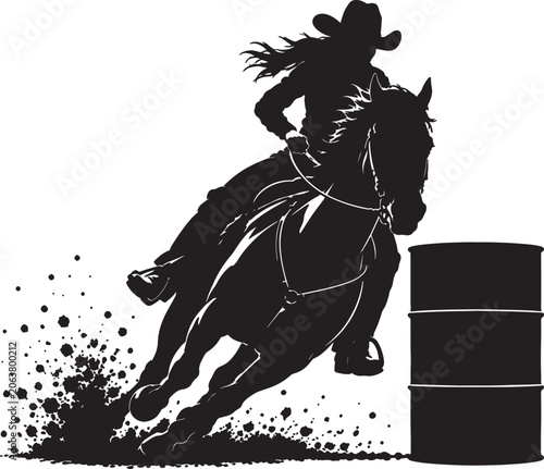 Obraz na plátně A cowgirl riding a horse around a metal barrel, barrel racing action scene with