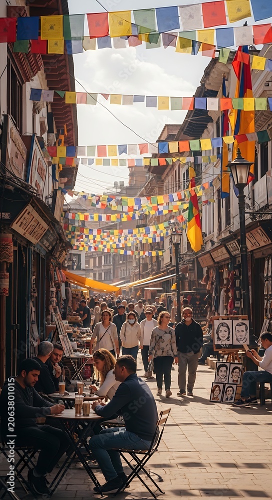 Naklejka premium Vibrant street scene in Kathmandu with colorful prayer flags and local people.