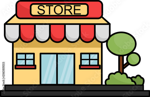 Fotografía Small Local Store Building Icon with Trees Flat Vector Illustration