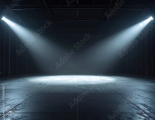 Spotlights shining down on empty stage.