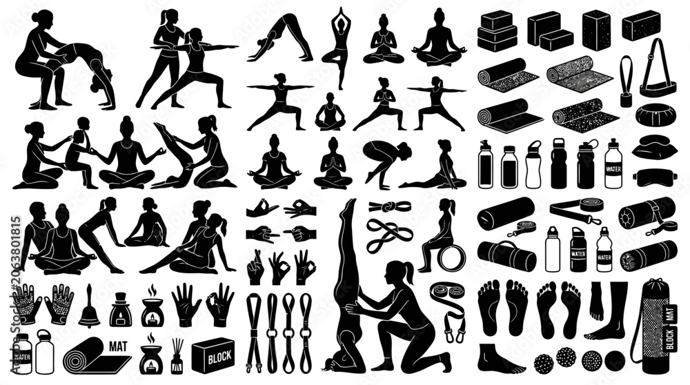 Obraz premium Yoga equipment and people in various poses on a mat with accessories