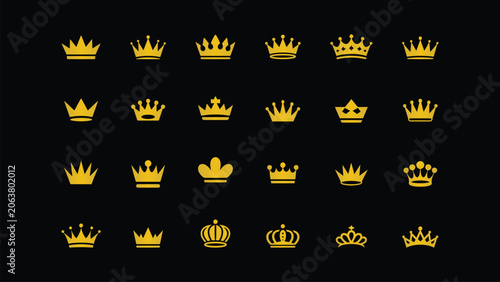 Gold Crown Set Royal King Queen Crowns Heraldic Symbols Luxury Decorative Crown Icons Vector Collection