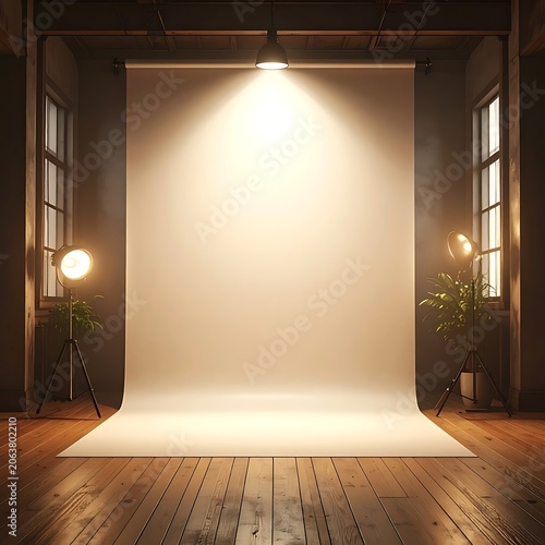 Studio photography setup with lighting equipment.