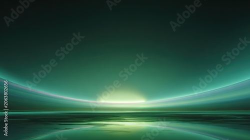 Futuristic emerald green light horizon, abstract glowing neon arc over dark reflective surface, cinematic sci-fi background for technology and energy concepts