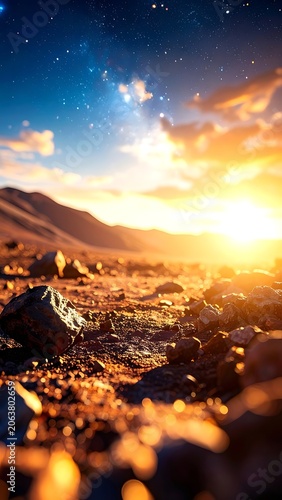 Sunset over rocky mountain landscape scene.