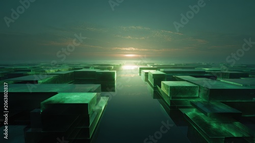 Futuristic emerald glass cityscape at sunrise, abstract geometric architecture with glowing green light, cinematic digital landscape for technology backgrounds